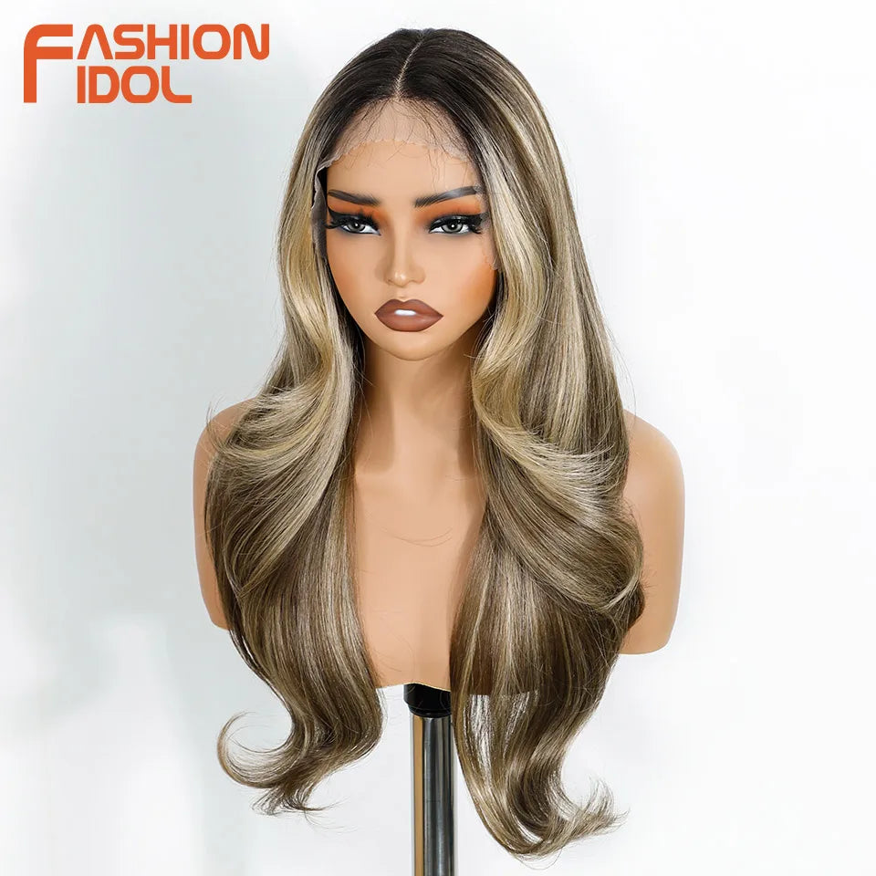 FASHION IDOL 24 Inch Long Loose Body Wavy Lace Front Wigs For Women Hair Style Pre-Cut Pre Plucked Lace Hair Wigs Ombre Blonde White Cosplay Wig