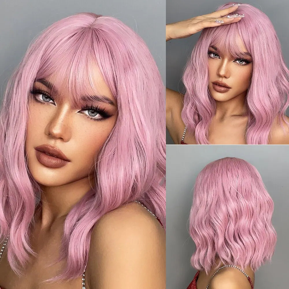 Women Grey Wavy Bob Wigs with Bangs Short Blonde Ombre Synthetic Hair Wigs With with Dark Roots Natural Hair Style for Women Daily Use