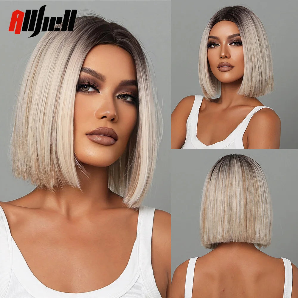 Medium Length Chestnut Brown Synthetic Wigs Hair Middle Part Wine Red Highlights Straight Wig Heat Resistant for Women Party Cosplay