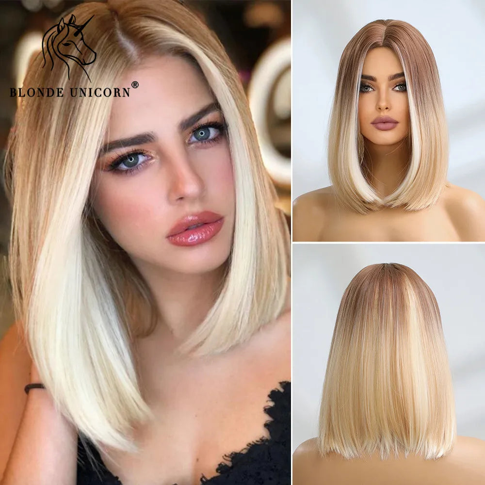 Blonde Unicorn Synthetic Medium Long Straight Brown Blonde Wig For Women Cosplay Daily Party Wigs Heat Resistant False Hair Style