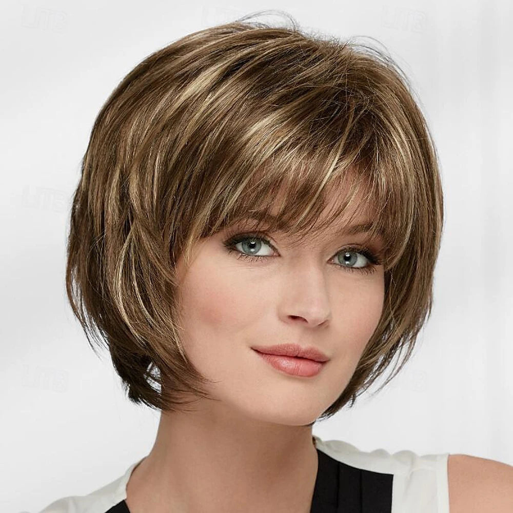 HAIRJOY Synthetic Hair Short Straight Wigs for White Women Mixed Brown Wigs with Bangs  Wig Short Hair Wigs