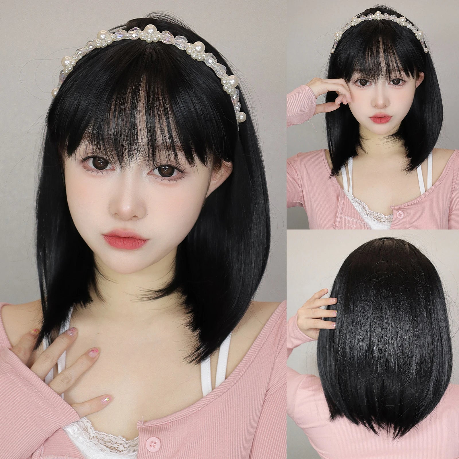 Short Layered Synthetic Wig Ombre Brown Medium Length Straight Natural Looking Hair Wigs with Bangs Heat Resistant Hair Style for Women Daily Use