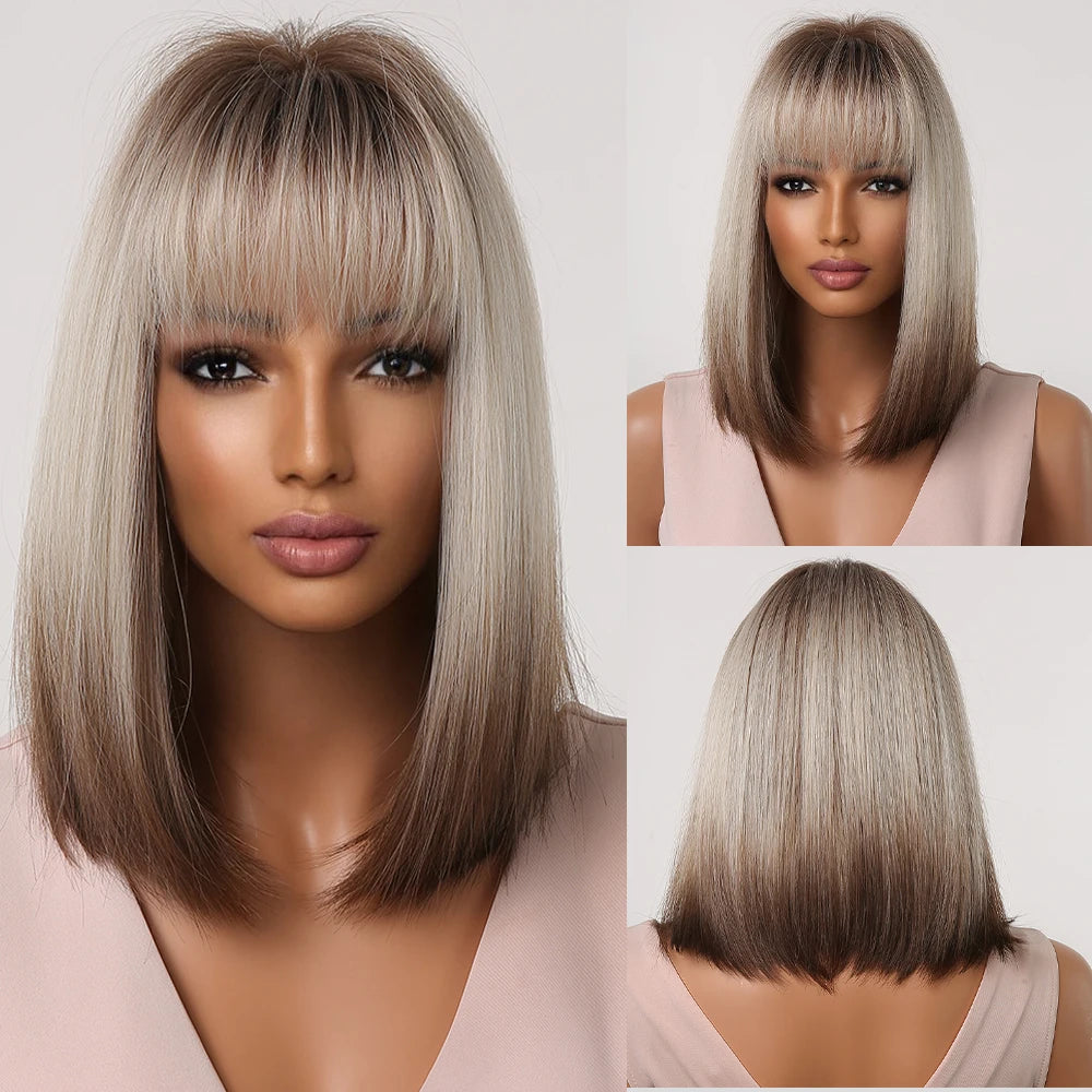 ALAN EATON Layered Synthetic Wig with Bangs Straight Short Highlights Blonde Hair Wigs with for Women Daily Use