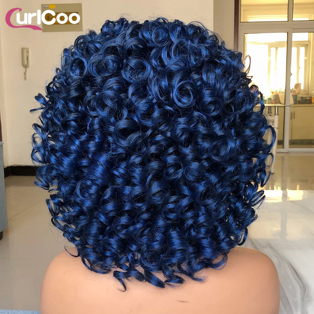 Short Hair Afro Curly Wig Natural Blonde Hair Wigs with Bangs Fluffy Synthetic Ombre Cosplay Lolita Wigs For Black Women