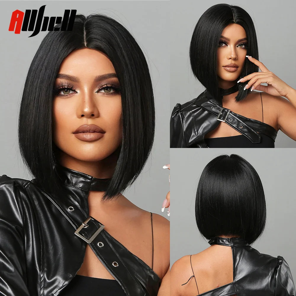 Medium Length Chestnut Brown Synthetic Wigs Hair Middle Part Wine Red Highlights Straight Wig Heat Resistant for Women Party Cosplay