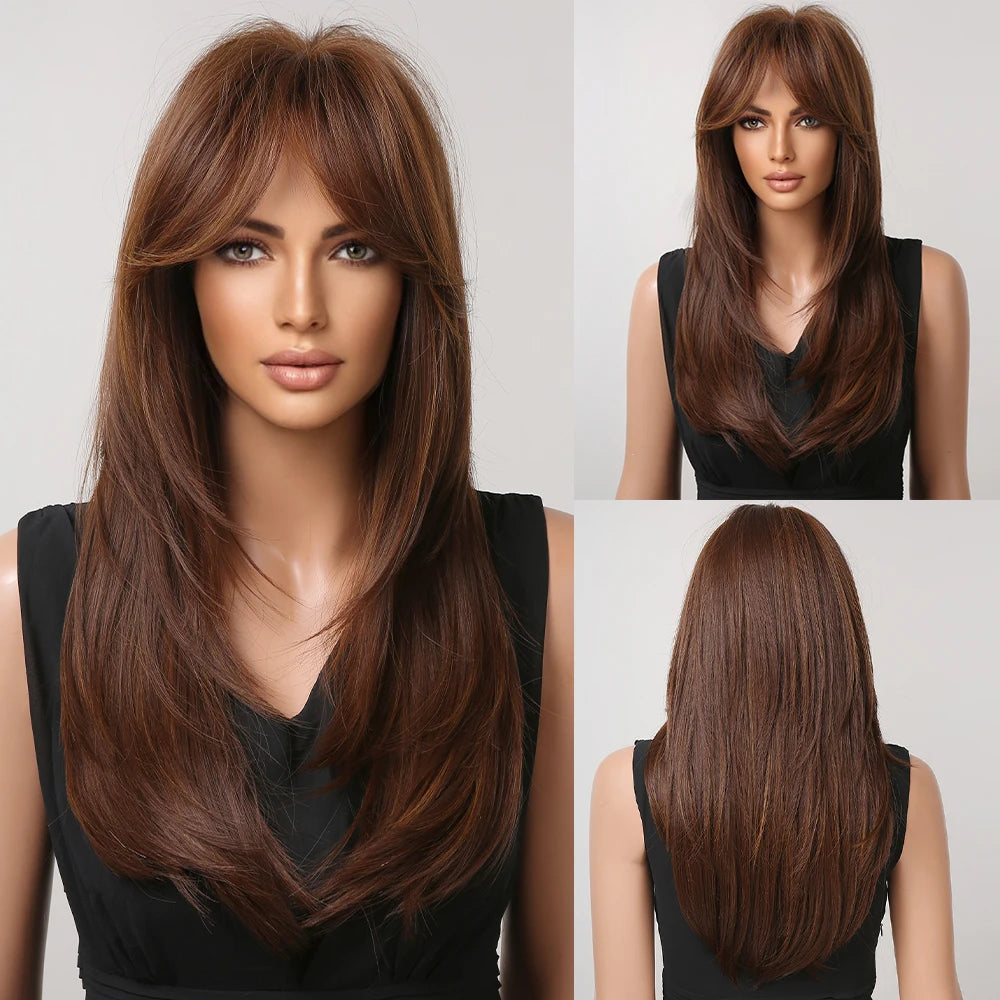 ALAN EATON Long Blonde Wig for Women Synthetic Hair Wigs with Fringe Ombre Color with Dark Roots Layered We Heat Resistant Hair Style