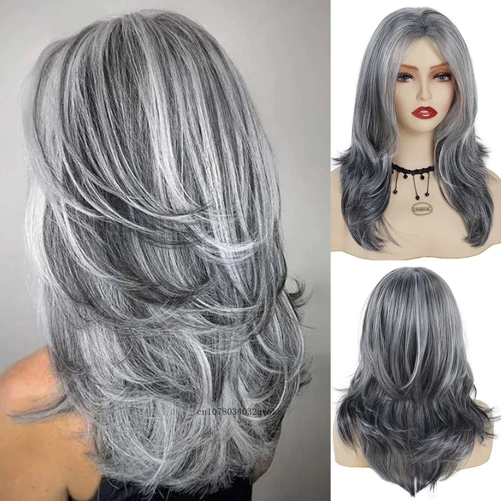 Synthetic Salt and Pepper Wigs with Curtain Bangs Long Hair Style Wig Natural Mix Silver Gray Wigs for White Women Halloween Costume