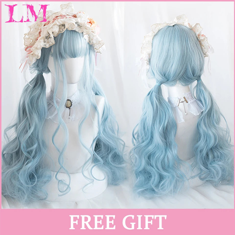LM Cosplay Wig With Bangs Synthetic Straight Hair Wigs 24 Inch Long Heat-Resistant Pink Hair Style For Women