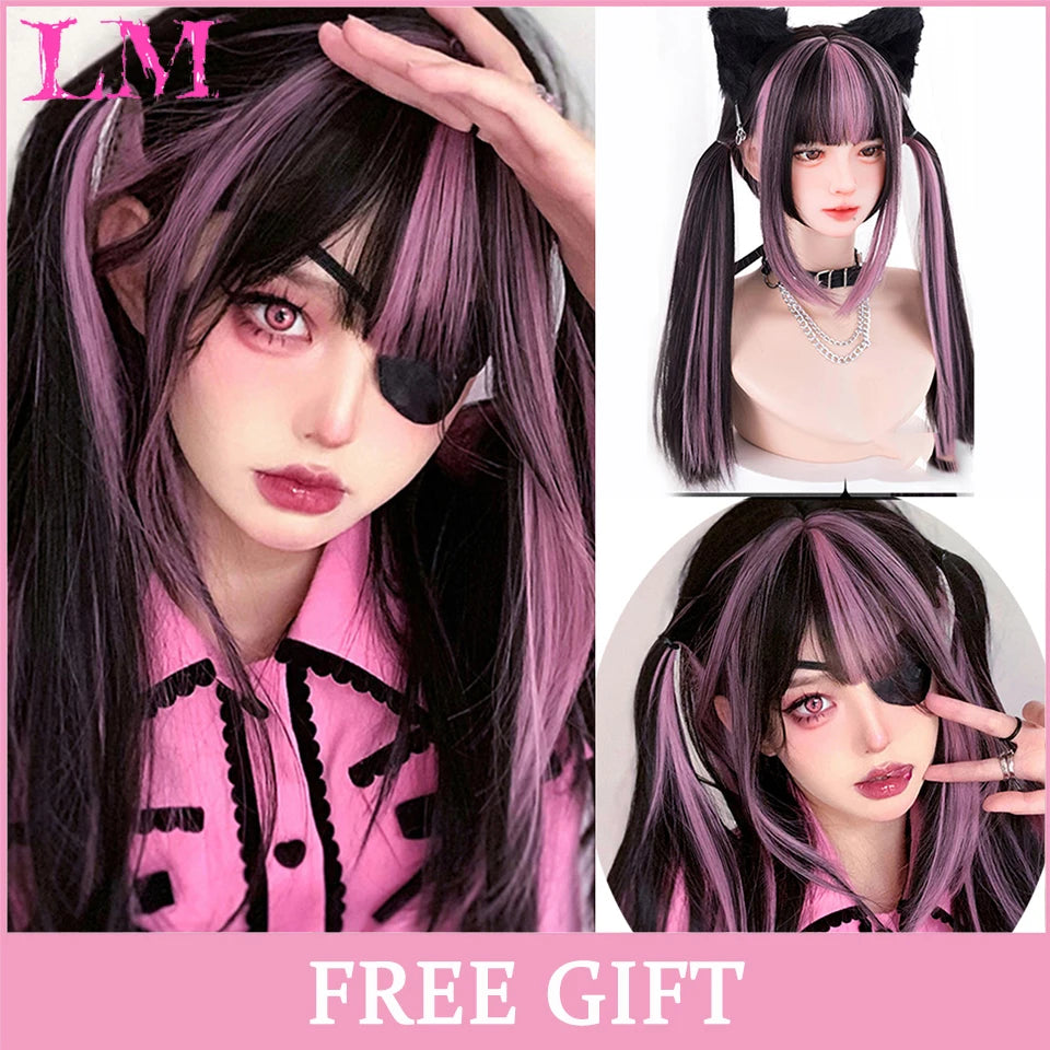 LM Cosplay Wig With Bangs Synthetic Straight Hair Wigs 24 Inch Long Heat-Resistant Pink Hair Style For Women