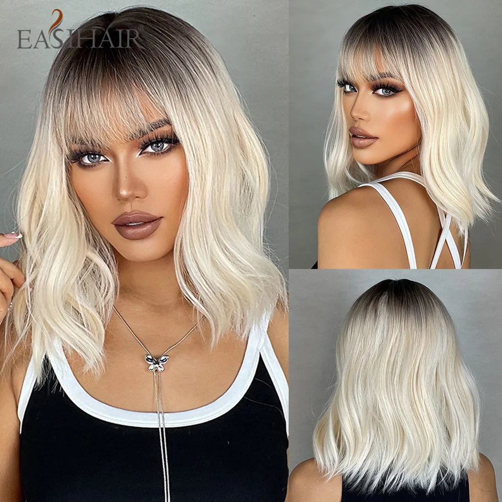 EASIHAIR Synthetic Bob Wig with Bang Short Straight Light Blonde Beige Natural Wigs Hair for Women Daily Cosplay Heat Resistant