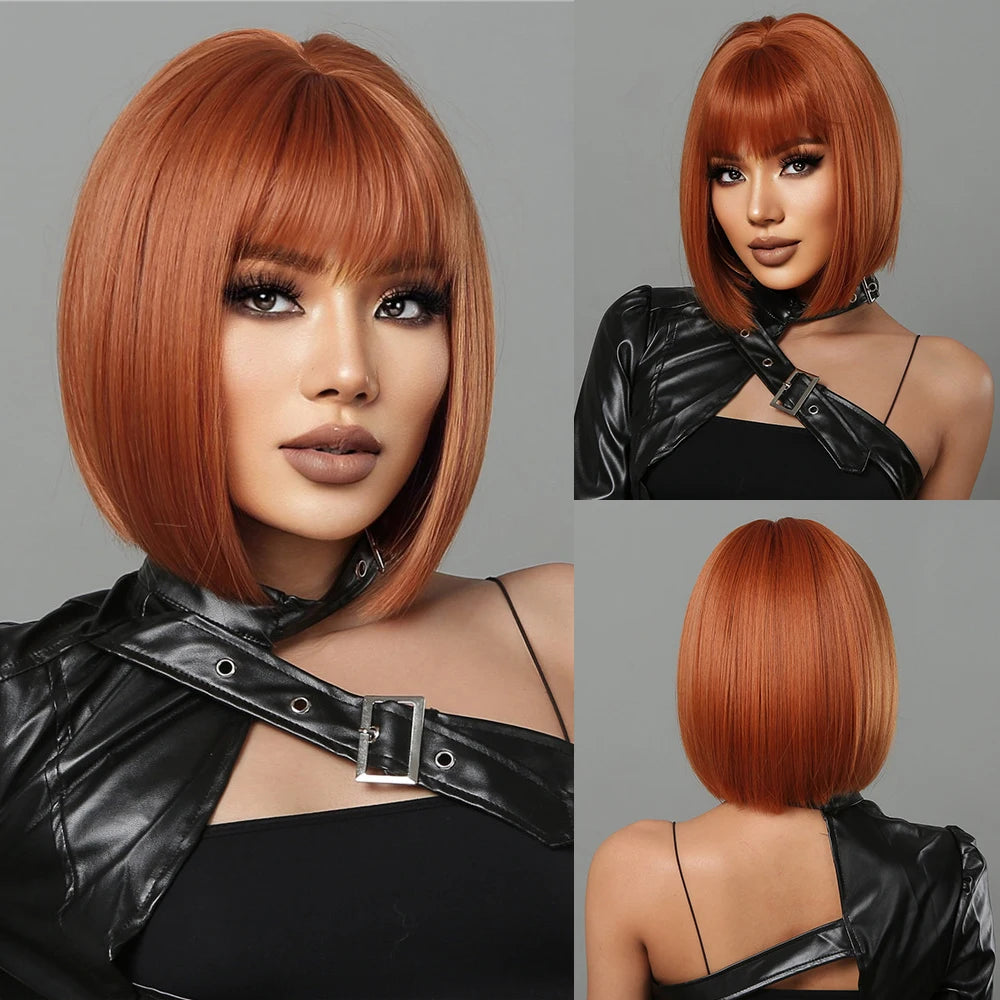 ALAN EATON Layered Synthetic Wig with Bangs Straight Short Highlights Blonde Hair Wigs with for Women Daily Use