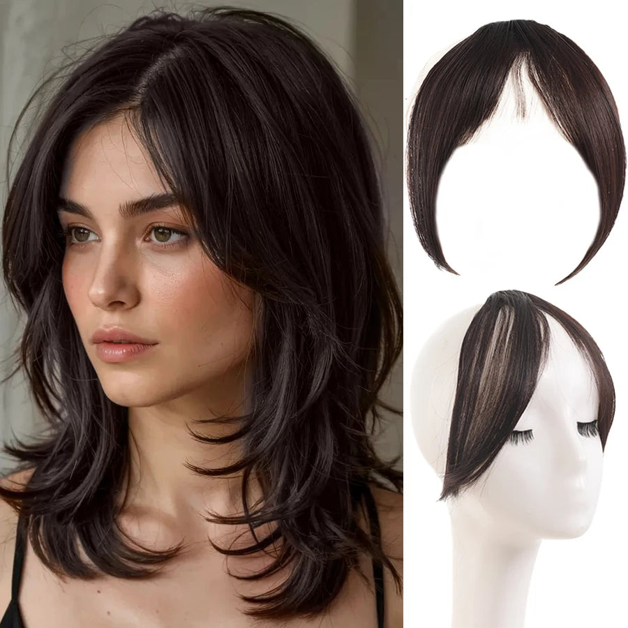Synthetic Clip in Wigs Hair Bangs Wig Wispy Side-swept Bangs Hair Clip Fake Bang Fringe with Temples Hairpiece for Women Wig Daily Use