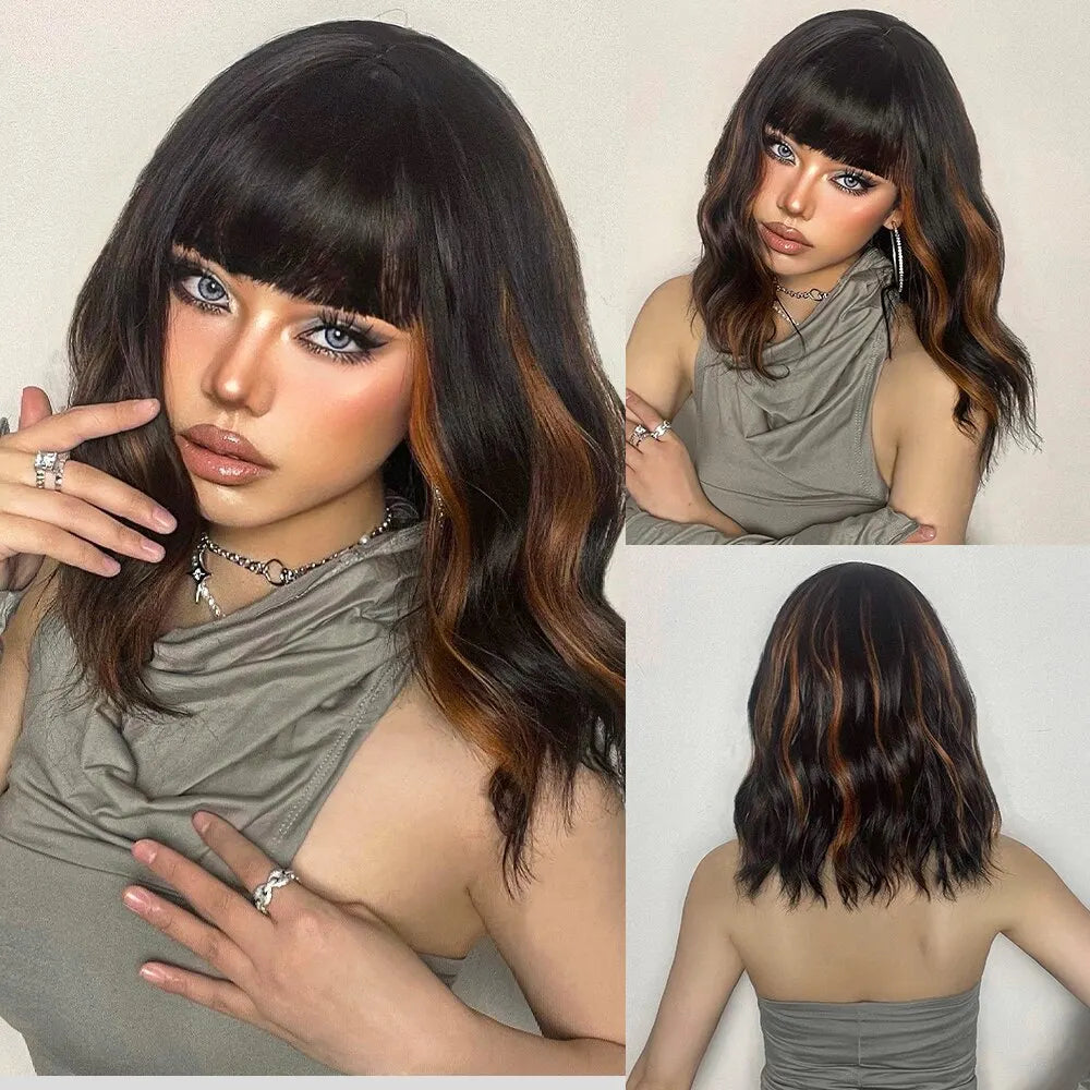 Women Grey Wavy Bob Wigs with Bangs Short Blonde Ombre Synthetic Hair Wigs With with Dark Roots Natural Hair Style for Women Daily Use