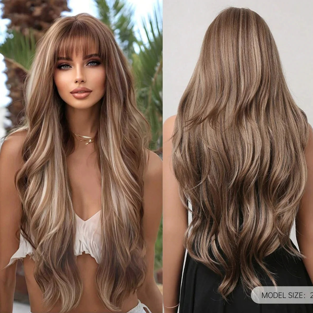 28 Inch Long Curly Wig With Bangs Ombre Brown Hair Style Wigs For Women Highlight Blonde Synthetic Wig For Daily Party Heat Resistant