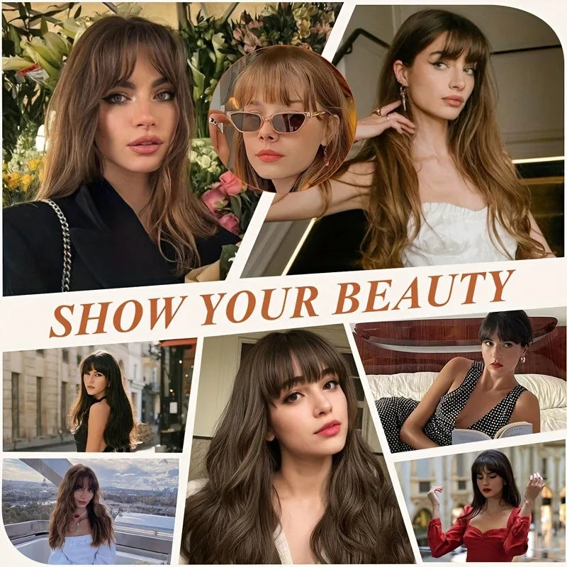 Synthetic Wigs Hair Clip-In Bangs Cut Wispy Fringe with Sideburns Dark Brown Natural Look for Women Wig Daily Party Wear