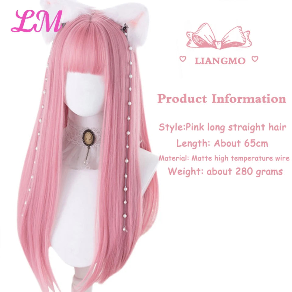 LM Cosplay Wig With Bangs Synthetic Straight Hair Wigs 24 Inch Long Heat-Resistant Pink Hair Style For Women