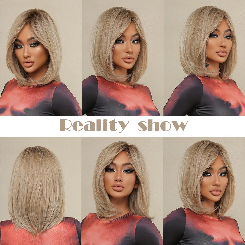 ALAN EATON Layered Synthetic Wig with Bangs Straight Short Highlights Blonde Hair Wigs with for Women Daily Use