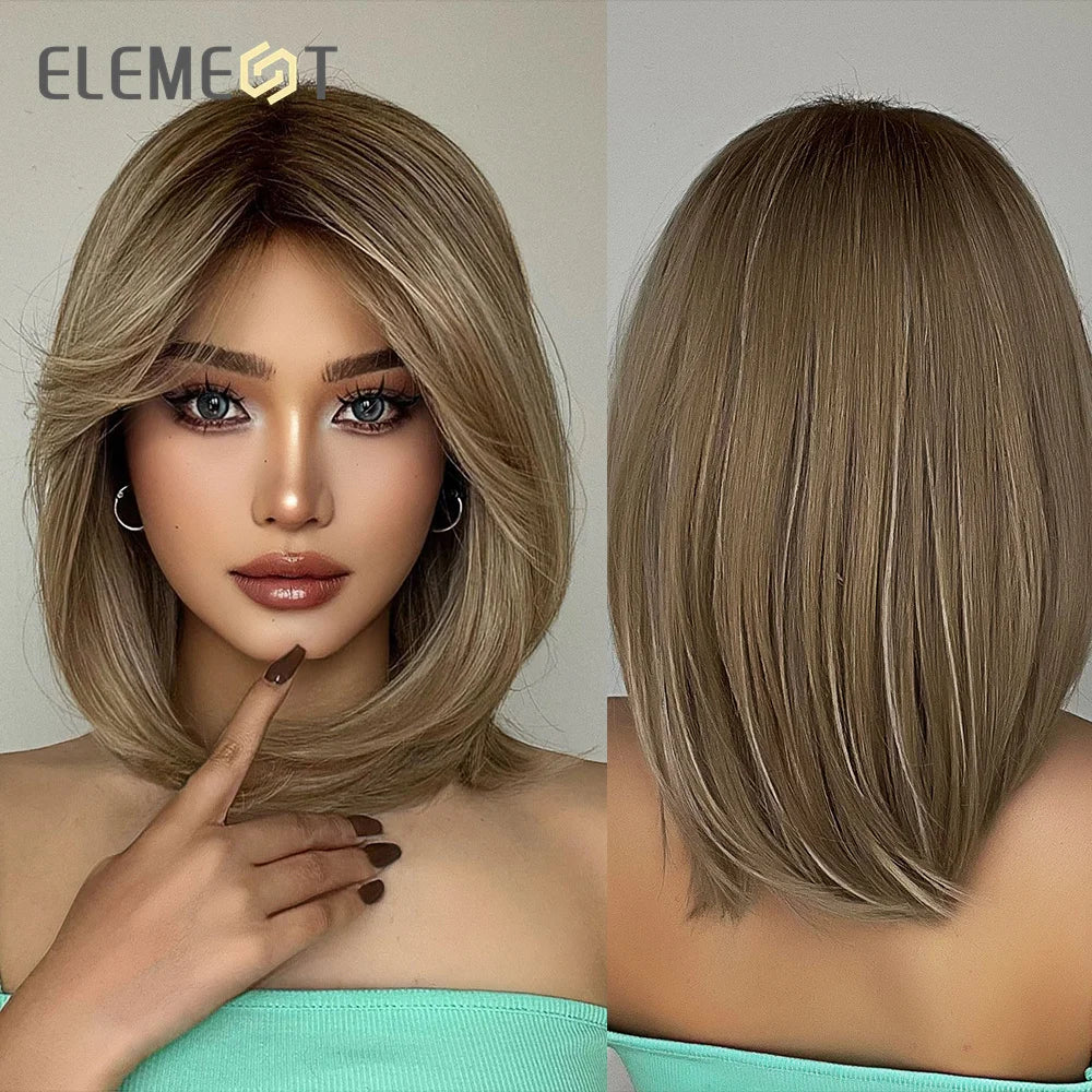 ELEMENT Synthetic Wig Medium Wavy Hair Brown Mixed Blonde Wigs for Women Daily Party Cool Heat Resistant Breathable Headband, Hair style