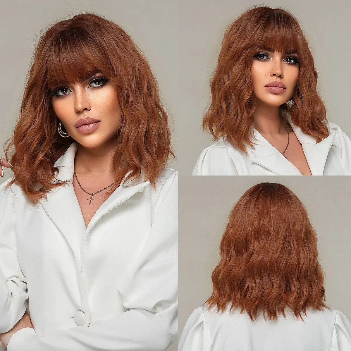 Women Grey Wavy Bob Wigs with Bangs Short Blonde Ombre Synthetic Hair Wigs With with Dark Roots Natural Hair Style for Women Daily Use