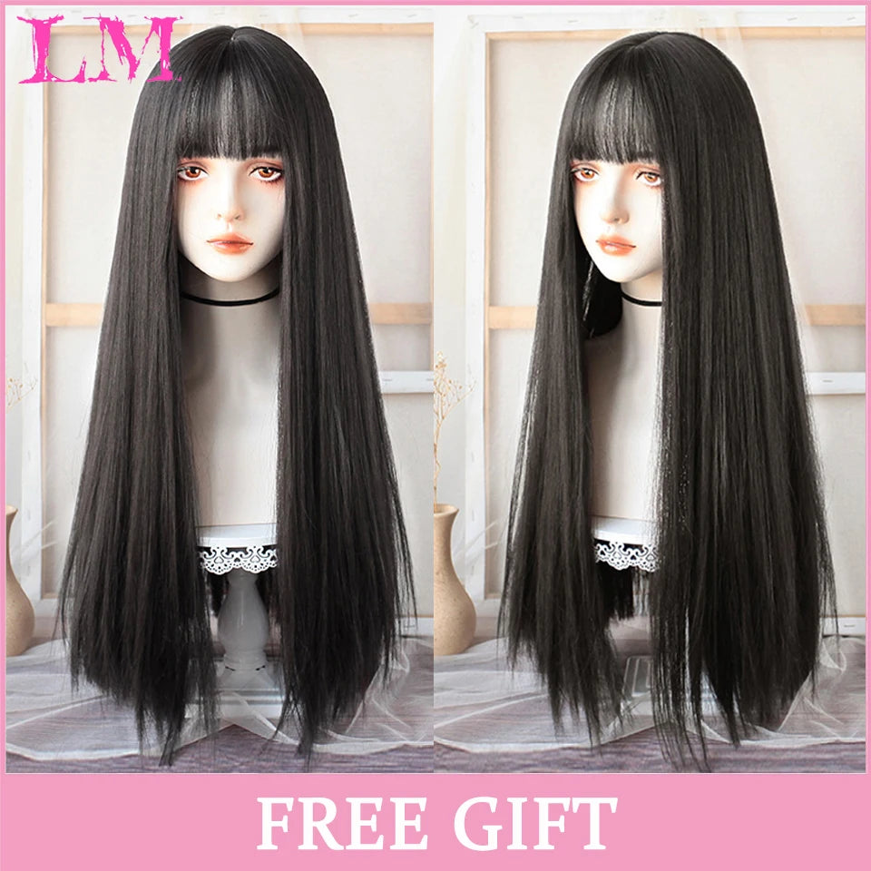 LM Cosplay Wig With Bangs Synthetic Straight Hair Wigs 24 Inch Long Heat-Resistant Pink Hair Style For Women