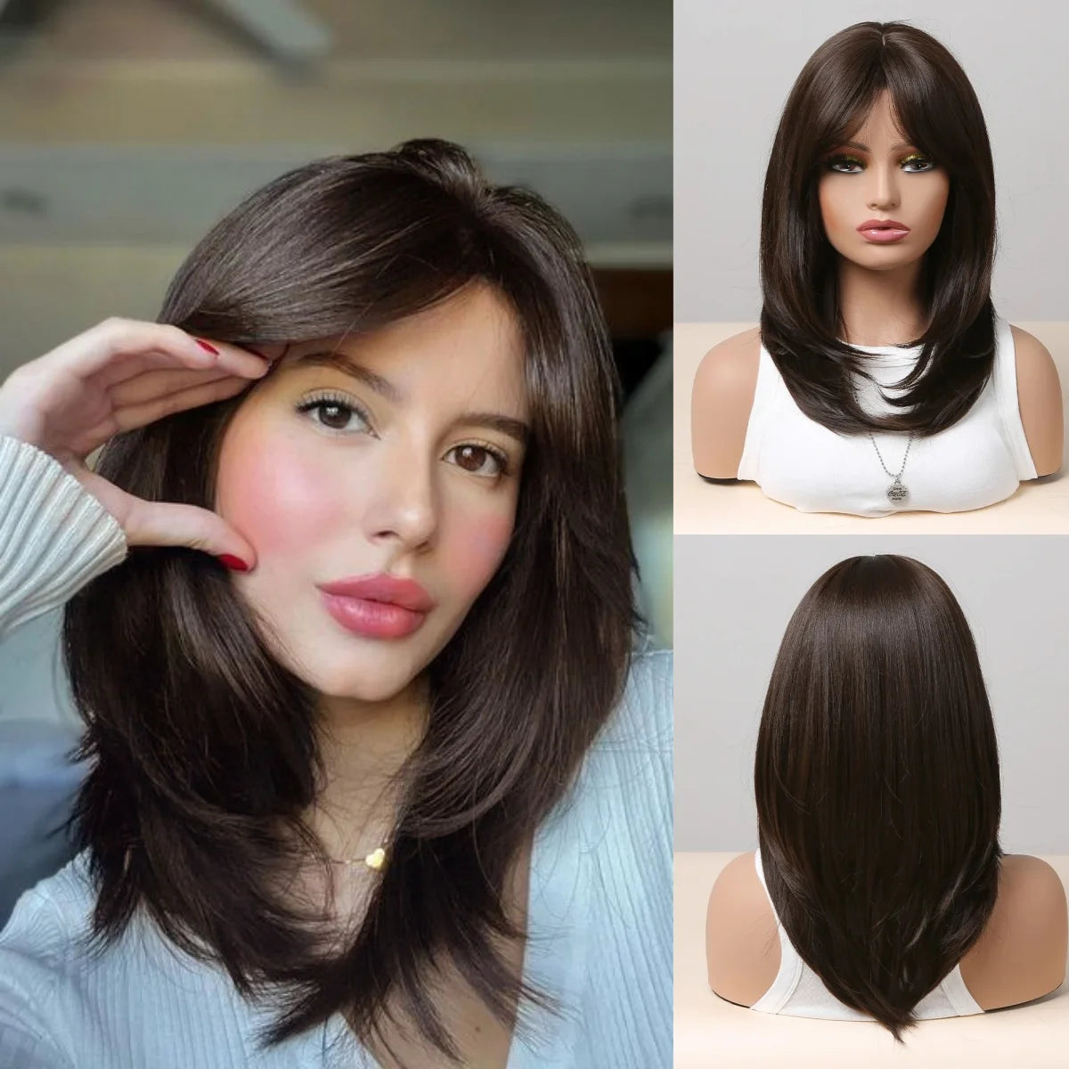 ALAN EATON Layered Synthetic Wig with Bangs Straight Short Highlights Blonde Hair Wigs with for Women Daily Use