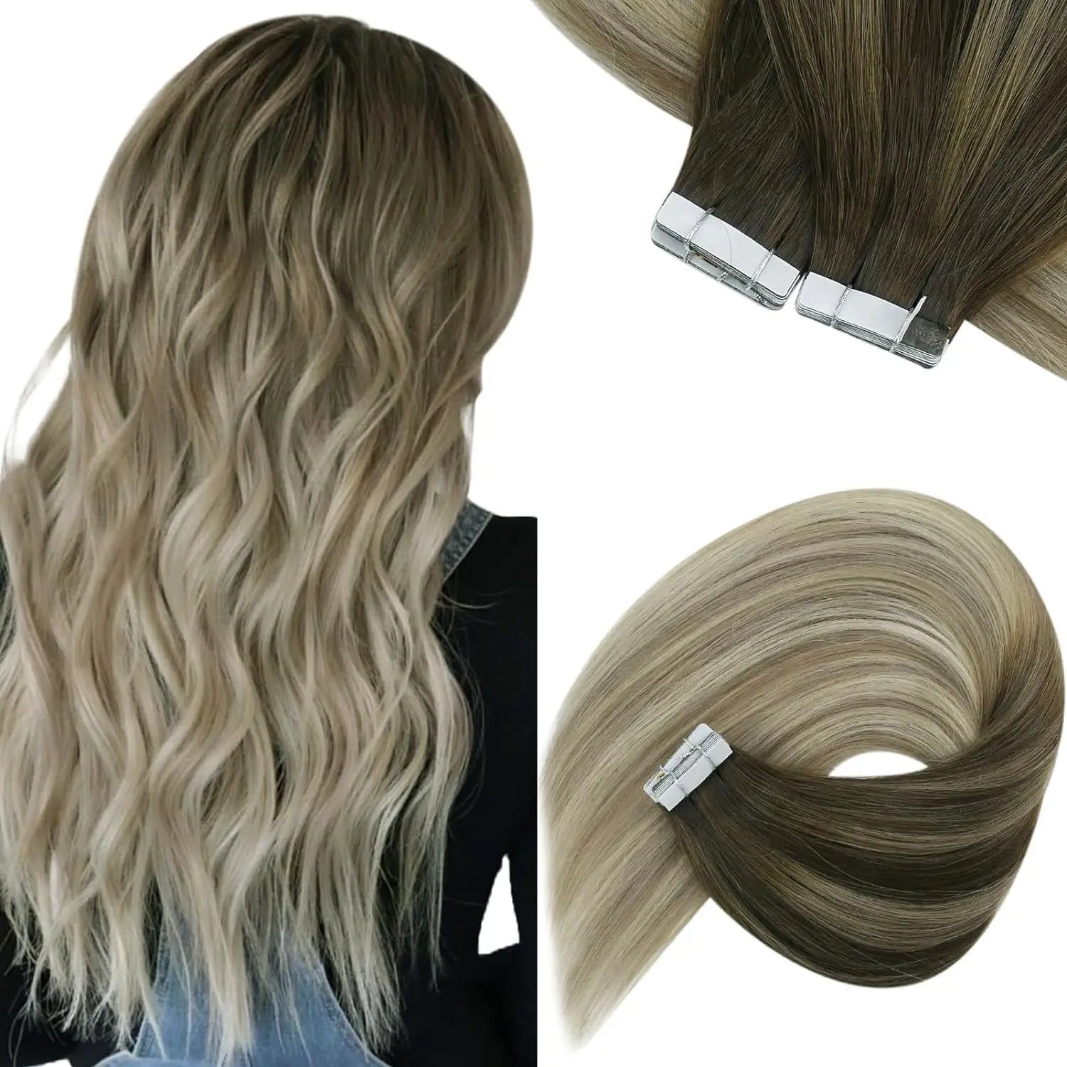 [NEW]VeSunny Tape In Hair Extensions and Accessories Human Hair Wigs Real Natural Hair Balayage Color #4-14-60 Skin Weft Straight Seamless Wig