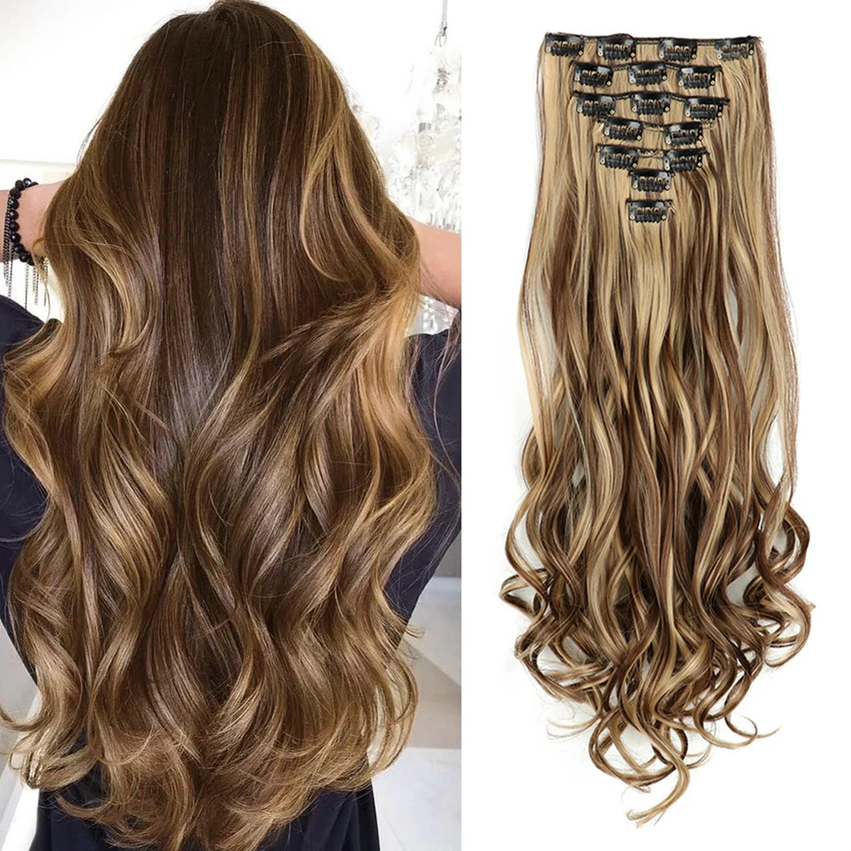 Clip In Wig Hair Extensions 7 PCS Full Head 22 Inch Long Curly Wavy Synthetic Hair Wigs Pieces Natural Wavy For Women Girls Hair Style