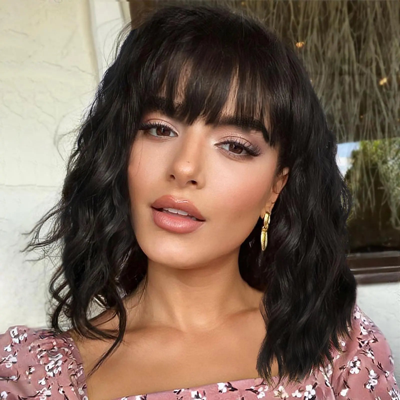 Short Brown Highlight Wigs With Bangs Natural Wavy Hair Style Wigs For White Women Heat Resistant Synthetic Bob Wig Shoulder Length
