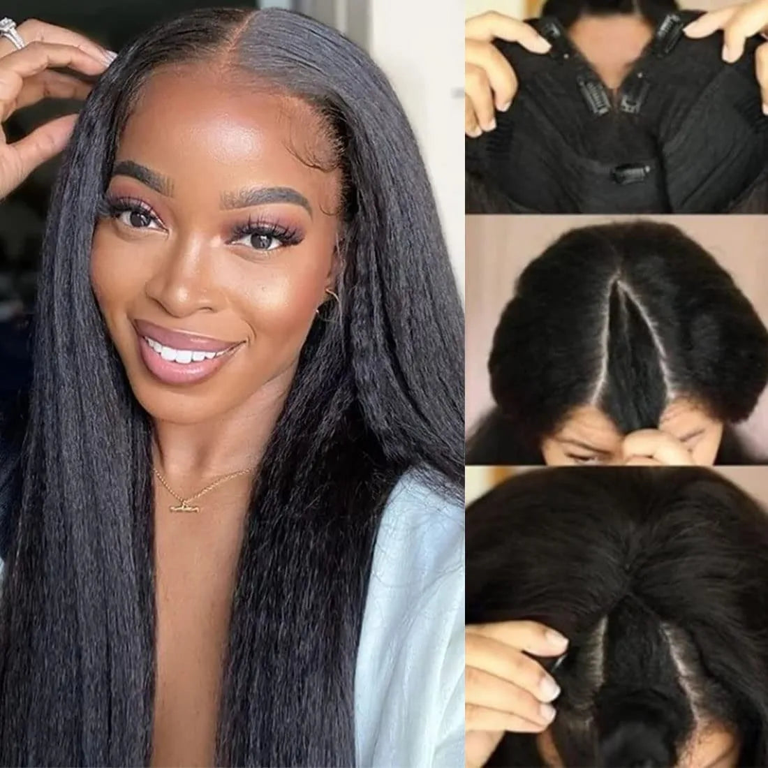 V Part Wig Human Hair Kinky Straight 200% Density No Leave Out V Part Wigs Upgrade U Part Human Hair Wig Clip V Shape Human Hair
