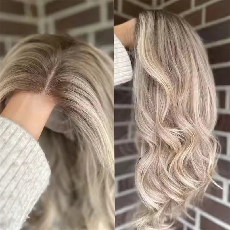 Invisible Transparent Lace Ombre Platinum Blonde Wig with Dark Roots Party Wigs Lace Front Wig Synthetic HD Wigs For Women 20 inch