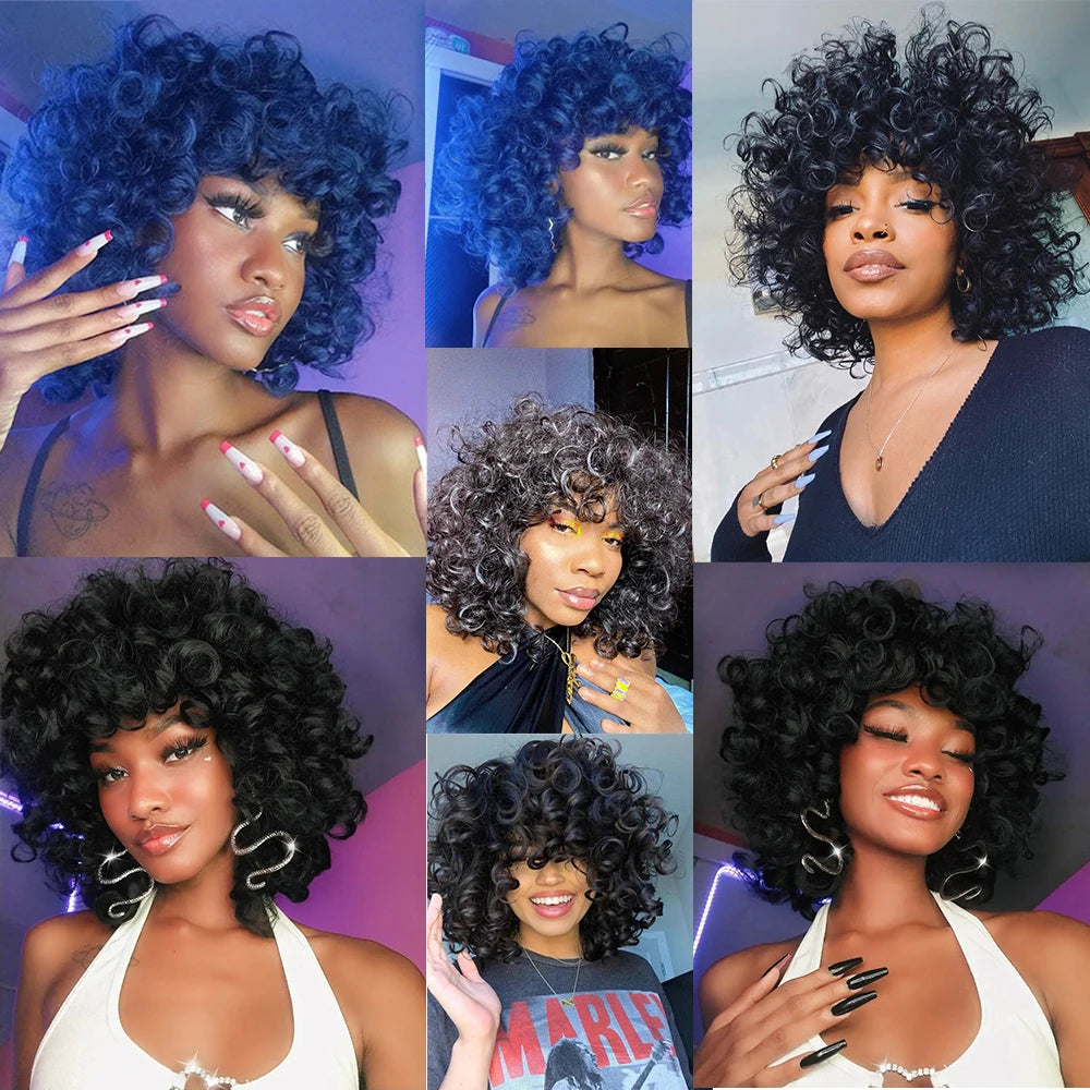 Short Hair Afro Curly Wig Natural Blonde Hair Wigs with Bangs Fluffy Synthetic Ombre Cosplay Lolita Wigs For Black Women
