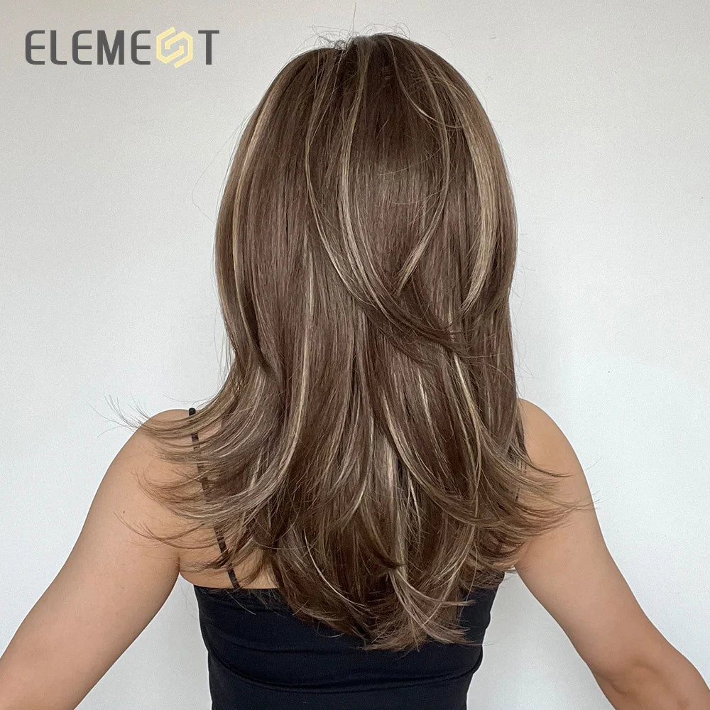 ELEMENT Synthetic Wig Medium Wavy Hair Brown Mixed Blonde Wigs for Women Daily Party Cool Heat Resistant Breathable Headband, Hair style