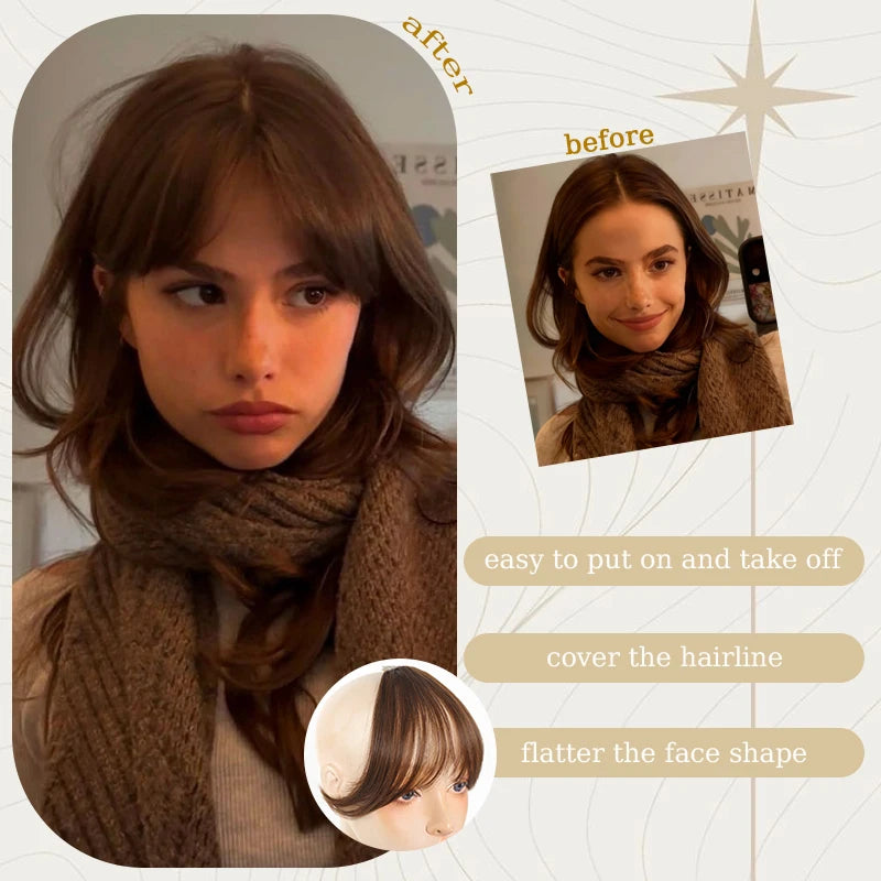 Synthetic Clip in Wigs Hair Bangs Wig Wispy Side-swept Bangs Hair Clip Fake Bang Fringe with Temples Hairpiece for Women Wig Daily Use