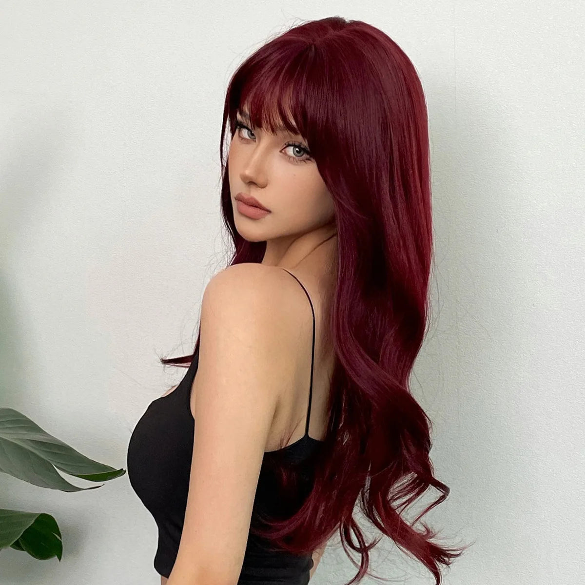 New wine red synthetic wig with bangs big waves long curly hair daily holiday wigs high temperature silk full head cover