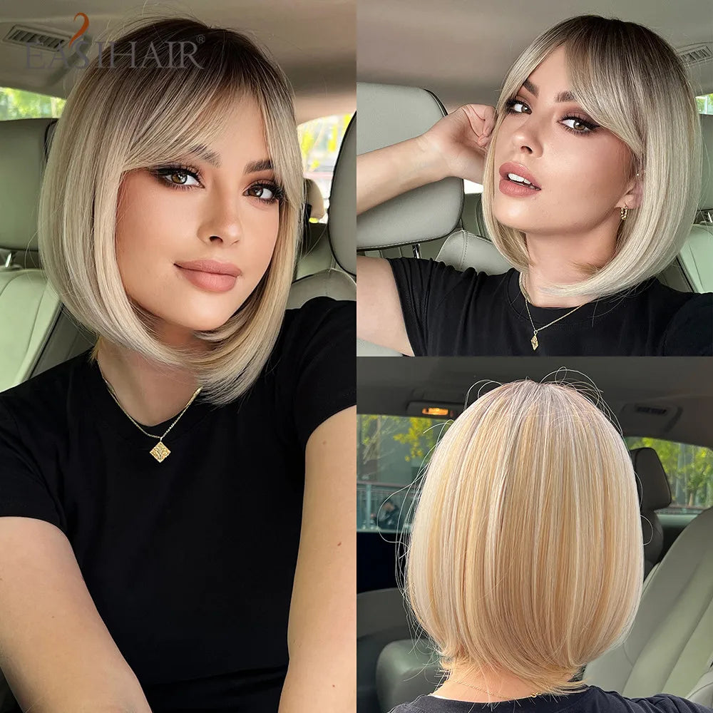EASIHAIR Synthetic Bob Wig with Bang Short Straight Light Blonde Beige Natural Wigs Hair for Women Daily Cosplay Heat Resistant