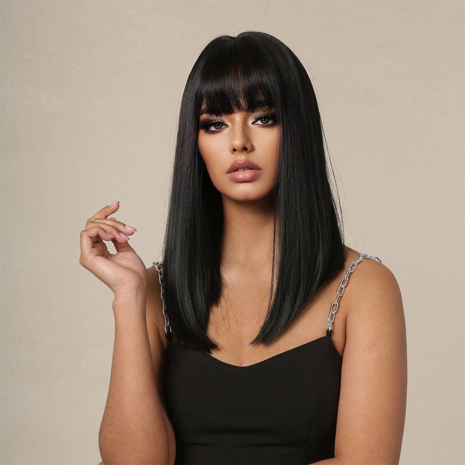 Straight Black Bob Synthetic Wig with Bangs Medium Long Cosplay Layered Hair Wigs for Woman Natural Hair Daily Wigs Hair Style Heat Resistant