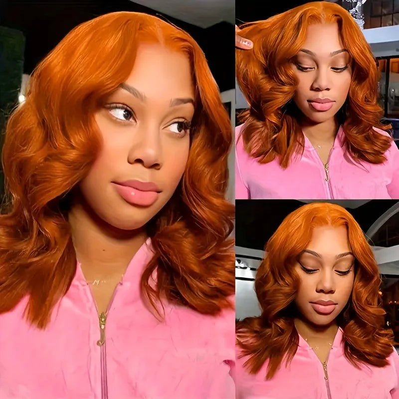 13x4 Lace Front Fashion Dress Up Ginger Orange Body Wave Bob Wig Human Hair Wig Closure With Baby Hair #350 For Women