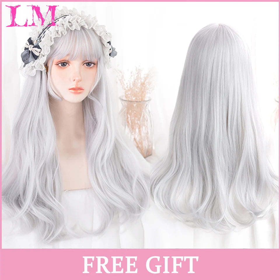 LM Cosplay Wig With Bangs Synthetic Straight Hair Wigs 24 Inch Long Heat-Resistant Pink Hair Style For Women