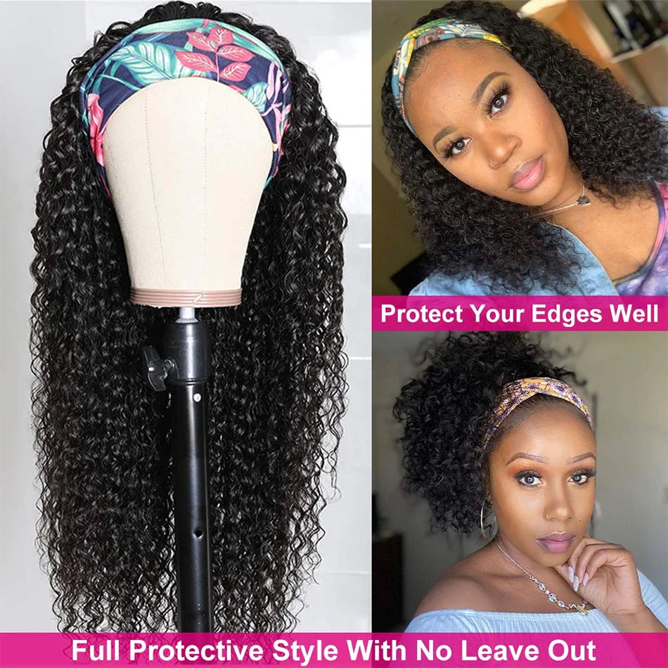 Jerry Curly Headband Human Hair Wig Brazilian Virgin Hair Perfect Natural Afro Look No Lace Needed 250% Scarf Machine Made Wig