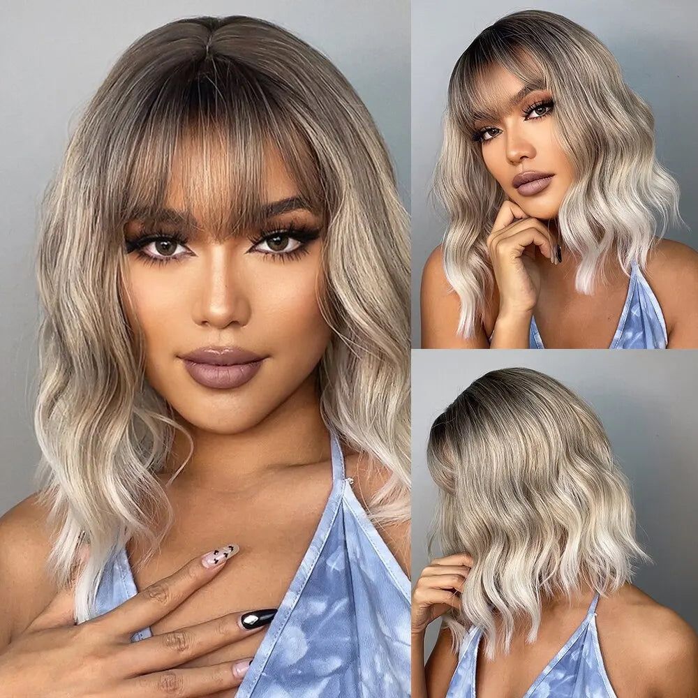 Women Grey Wavy Bob Wigs with Bangs Short Blonde Ombre Synthetic Hair Wigs With with Dark Roots Natural Hair Style for Women Daily Use