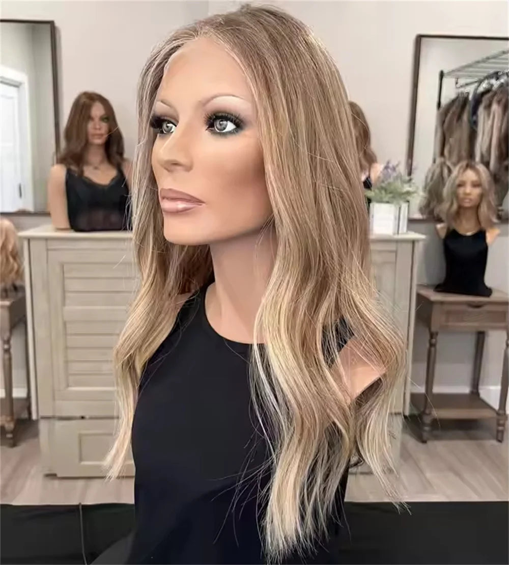 High Heat Fibre Realistic Lace Top Wig Warm Blonde Highlights HD Lace Front Hair Style Wigs for Women Hair Loss 13x4 Glueless Long Wavy Wigs