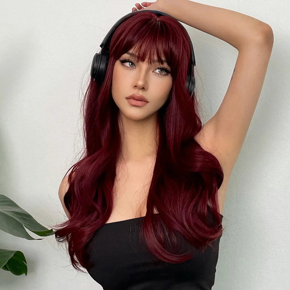 New wine red synthetic wig with bangs big waves long curly hair daily holiday wigs high temperature silk full head cover
