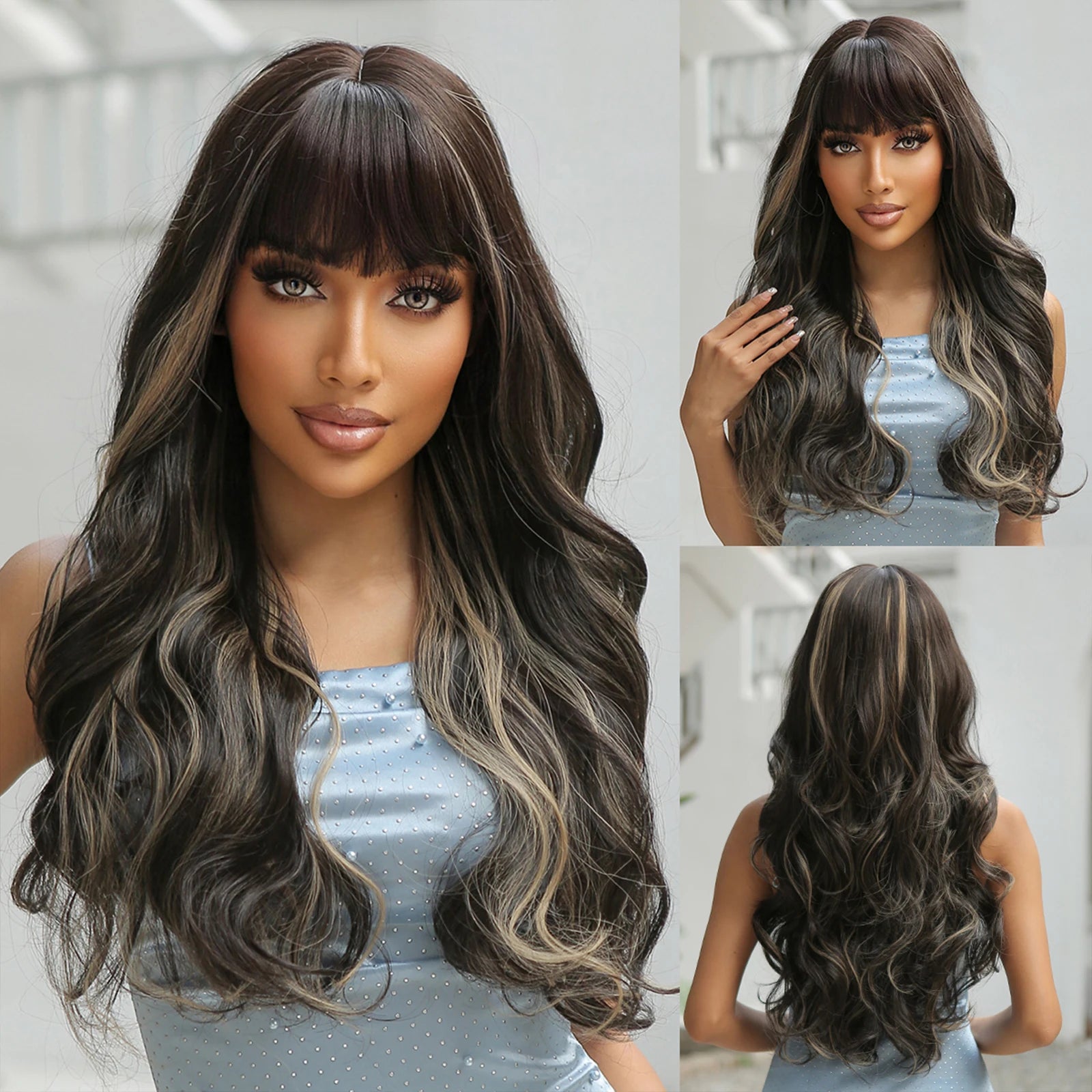 28 Inch Long Curly Wig With Bangs Ombre Brown Hair Style Wigs For Women Highlight Blonde Synthetic Wig For Daily Party Heat Resistant