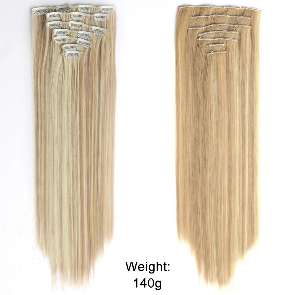 7Pcs/Set 16 Clips Wig Hair Accessories Extension Black Long Straight Natural Hair Wigs Ombre Hairpiece Heat Resistant Fiber For Women Hair Style