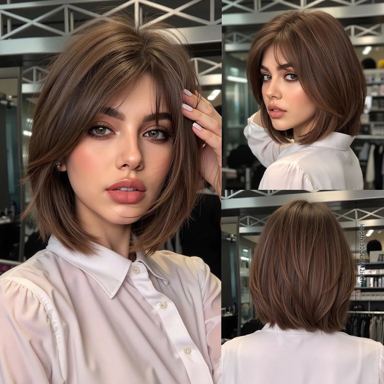 EASIHAIR Short Straight Bob Hair Wigs Synthetic Wig for Women Brown Straight Natural Wigs with Eight Character Daily Cosplay for Women Hair Style