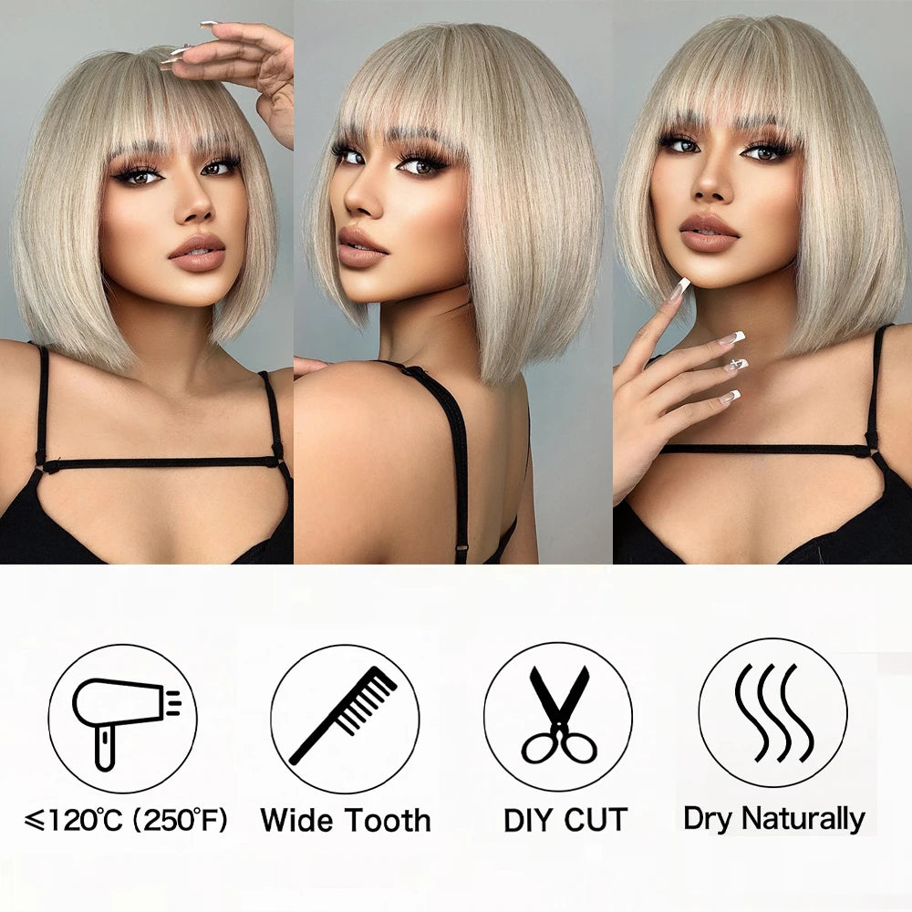 EASIHAIR Synthetic Bob Wig with Bang Short Straight Light Blonde Beige Natural Wigs Hair for Women Daily Cosplay Heat Resistant