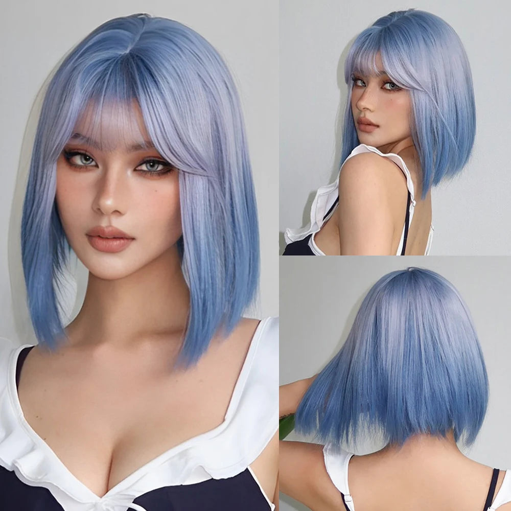 Blonde Short Curly Bob Synthetic Wig with Bangs Platium Golden Lolita Cosplay Wigs for Women Daily Party Cosplay Heat Resistant of Hair Wigs
