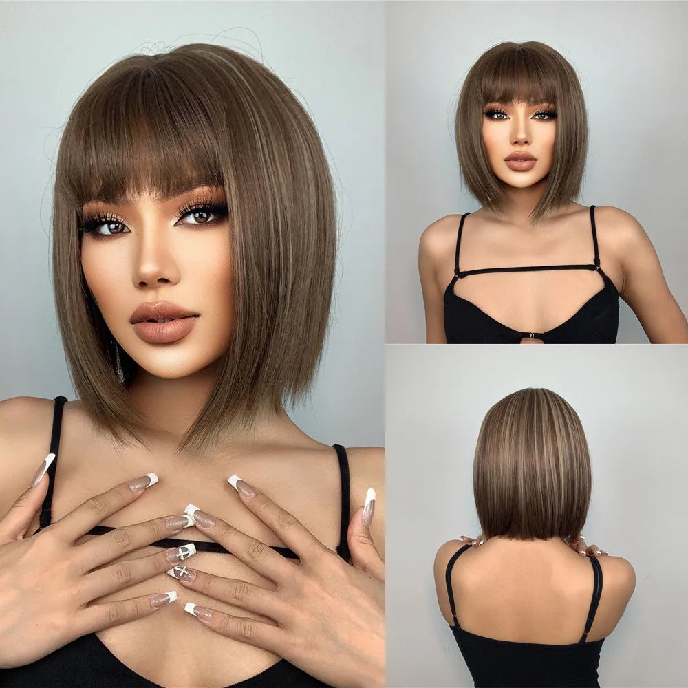 ALAN EATON Layered Synthetic Wig with Bangs Straight Short Highlights Blonde Hair Wigs with for Women Daily Use