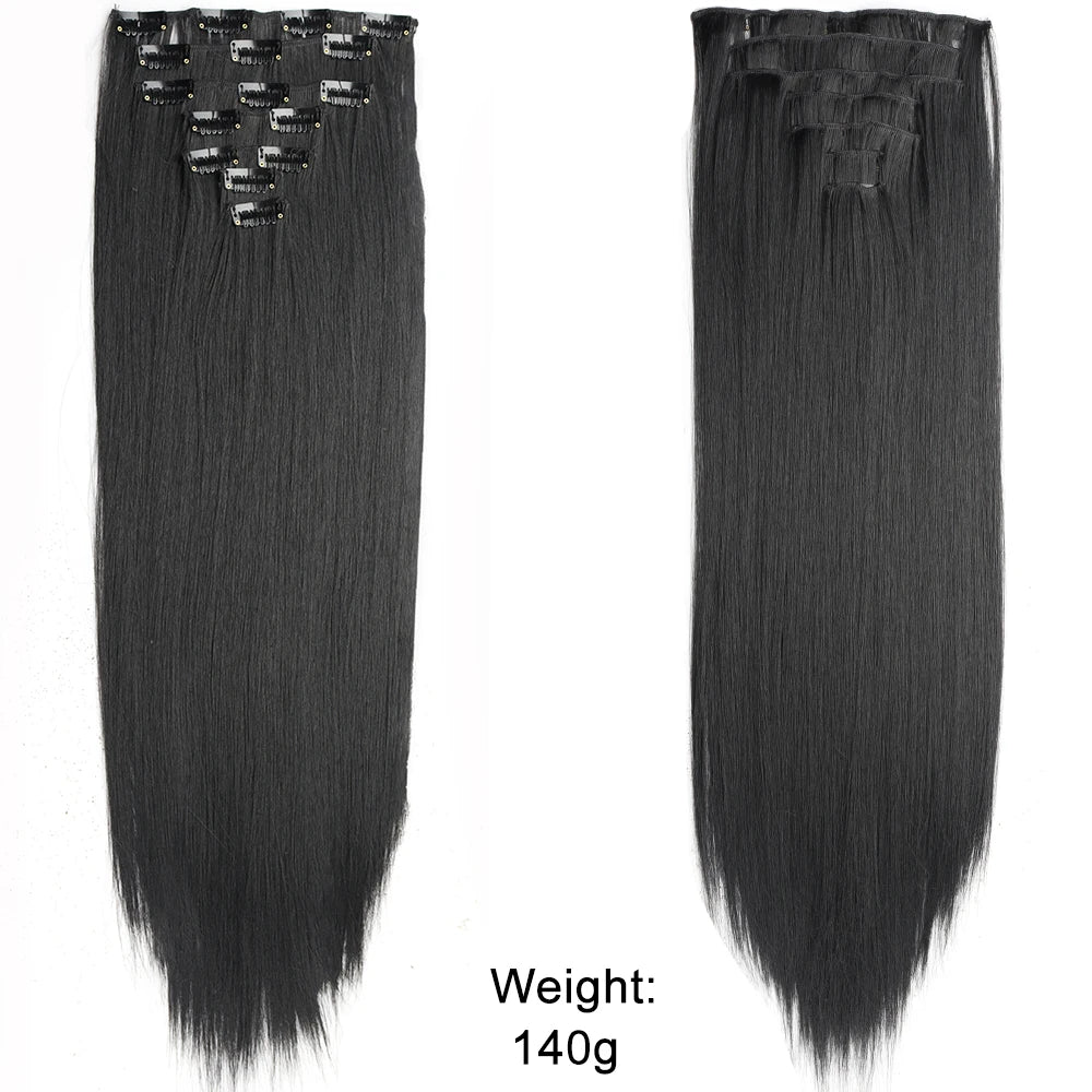7Pcs/Set 16 Clips Wig Hair Accessories Extension Black Long Straight Natural Hair Wigs Ombre Hairpiece Heat Resistant Fiber For Women Hair Style