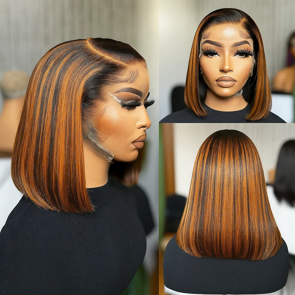 Highlight Colored 13x4 Lace Frontal Wig Silky Straight Human Hair Style Wigs Front Short Bob Wigs Pre Cut Glueless Straight Bob Wigs